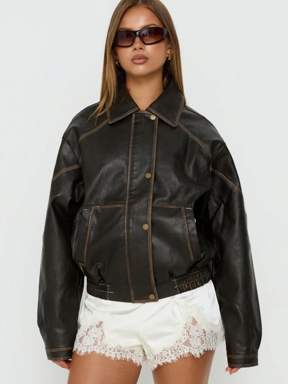 Princess Polly Jaxton Faux Leather Jacket in Brown, Size Medium/Large